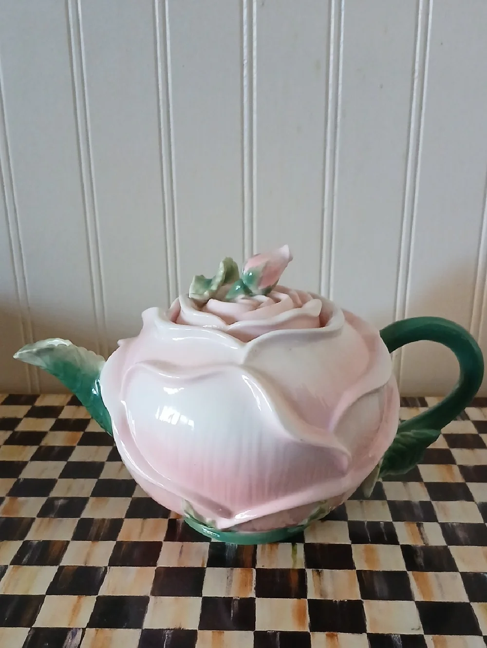 Pier 1 Imports Pink Rose Bud Shaped Flower Teapot Handpainted Flowers Ornate